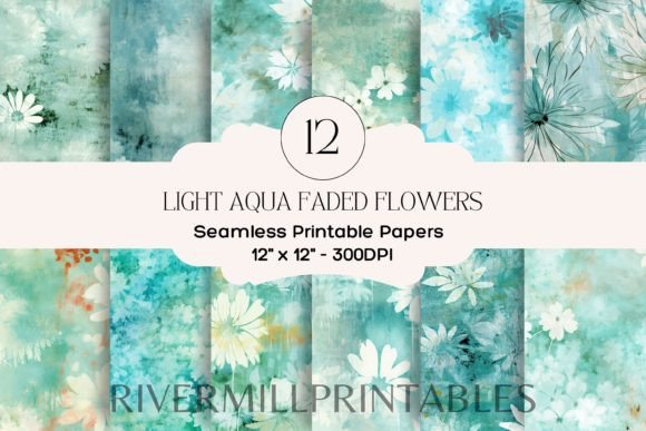 Download Faded Aqua Flowers Digital Paper Pack - Aqua Collection