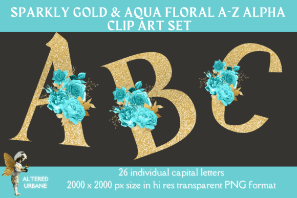 Download Sparkly Gold &amp; Aqua Floral Alpha Set - Aqua Collection