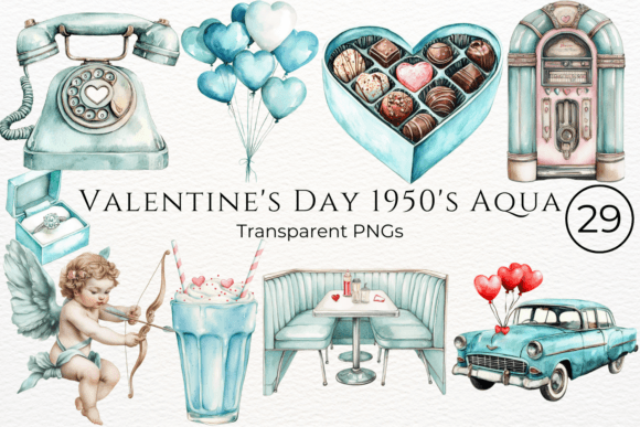 Download Valentine's Day 1950's Aqua Cliparts - Premium Bundle