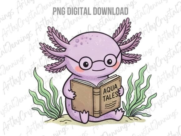 Download Cute Axolotl Reading Book Aqua Tales PNG - Aqua Collection
