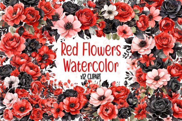 Download Red and Black Flowers Watercolor Clipart - Black flowers Collection