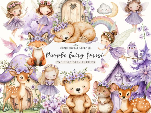 Download Watercolor Magical Garden Purple Fairies - Purple Collection